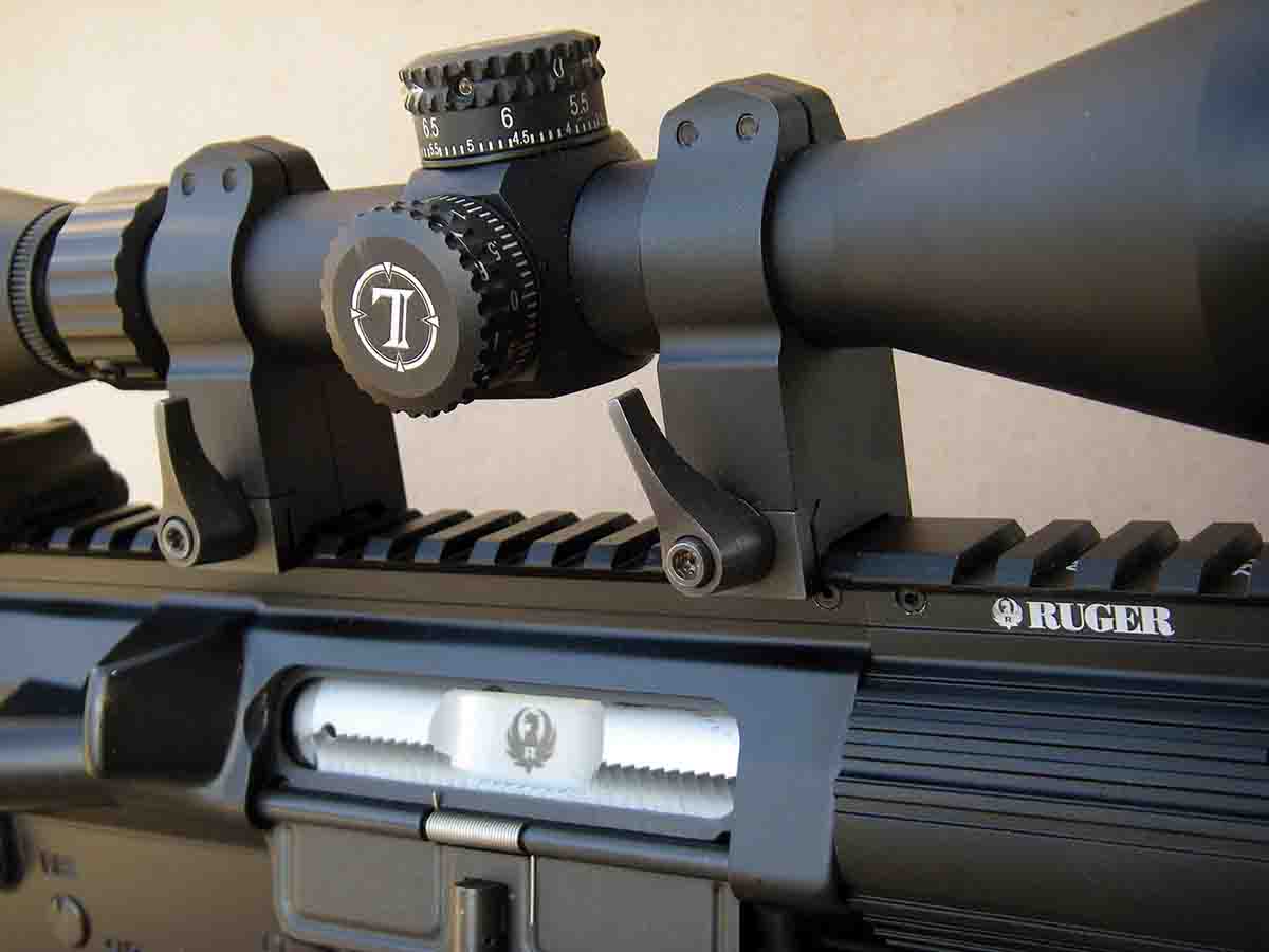 Picatinny rails are popular for use on a variety of rifles such as this Ruger SR-762. Hand-detachable mounts  allow for a quick change to other sighting options or  instant access to iron sights.